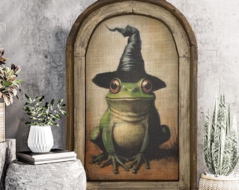 Eclectic Frog in Witch Hat Art | Moody Cottagecore Wall Decor in Solid Wood Arched Frame | Unique Christmas Gift | Framed Witchy Wall Decor