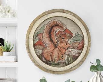 Squirrel Wall Art | 20" x 20" | Mushroom Wall Decor | Linen & Wood Handmade Art | Woodland Decor | Flowers
