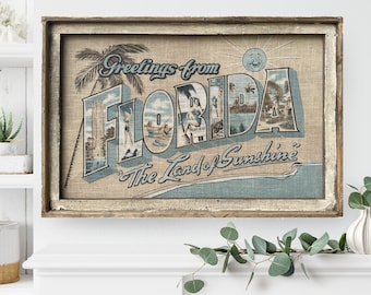 Framed Florida Wall Decor | 24" x 36" | FL Postcard Wall Art | Coastal Art | Nautical Wall Decor