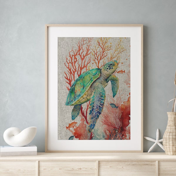 Turtle Linen Art Print | Coastal Decor | Nautical Beach Wall Art | UNFRAMED Linen Print |