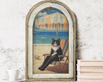 Cat Framed Art Print | Sunbathing Cat Art | Handmade Framed Cat Art | Gift for Cat Lover | Bathroom Wall Art | Beach Decor