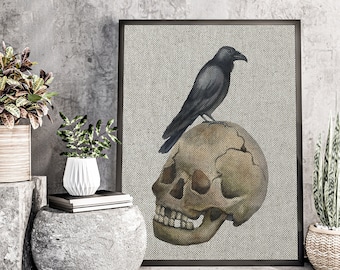 Crow Linen Art Print | Eclectic Skull Decor | Boho Wall Art | UNFRAMED Linen Print |