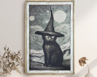 Black Cat Wall Art | 24" x 36" | Witch Eclectic Decor | Gothic Wall Art  | Halloween Wall Art | Fall Spooky Decor