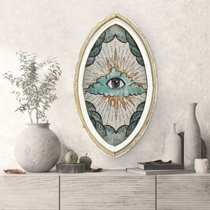 All Seeing Eye Wall Decor | 18" x 30" | Eclectic Wall Decor | Linen & Wood Oval Handmade Art | Eye Decor | Boho