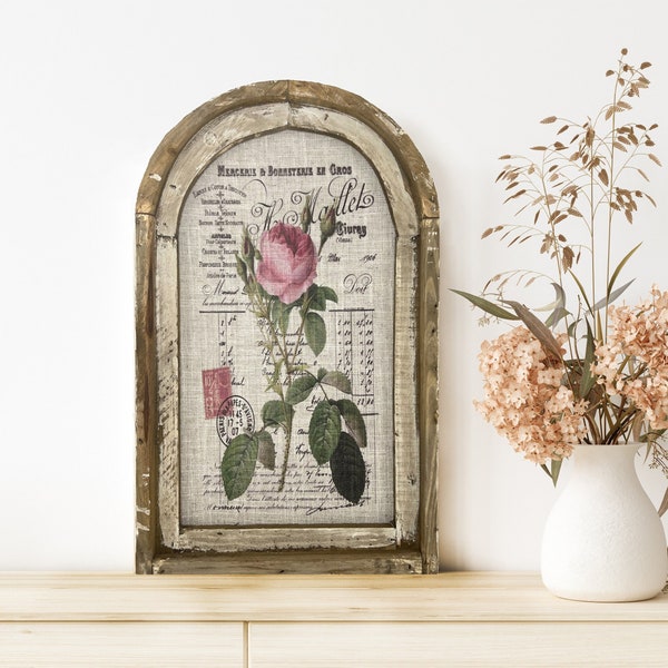 Spring Roses Wall Decor | Farmhouse Decor | Arch Window Frame | Linen Wall Hanging | Botanicals