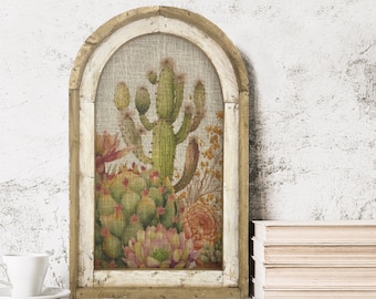 Western Cactus Wall Art | 14" x 22" | Arch Window Frame | Bohemian Wall Hanging | Eclectic Decor