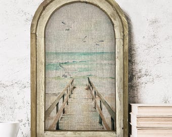 Coastal Dock Wall Decor | Coastal Wall Decor | Bathroom Wall Decor | Linen & Wood Wall Hanging | Watercolor Framed Artwork | Florida Decor