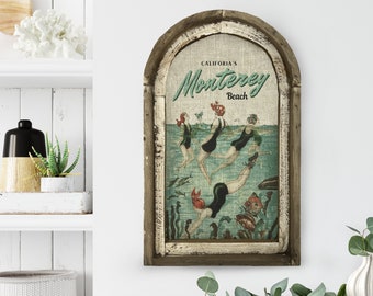 Monterey Beach Wall Art | California Travel Poster | Coastal Wall Decor | Beach Wall Art | Handmade Wood & Linen Wall Art |