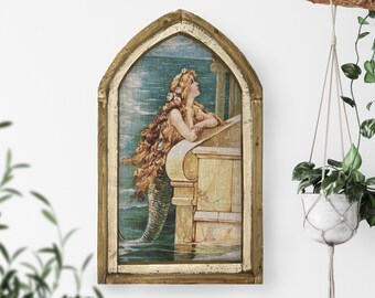 Mermaid Girl Wall Decor | 18" x 30" | Coastal Wall Decor | Cathedral Arch Wood Frame | Handmade Linen Wall Art | Beach House Decor |