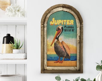 Jupiter, Florida Wall Art | Florida Postcard | Coastal Wall Decor | Pelican Wall Art | Beach House | Wood & Linen Wall Art |