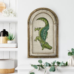 Alligator Wall Art | Coastal Wall Decor | Linen & Distressed Wood Wall Hanging | Watercolor Framed Artwork | Florida Decor