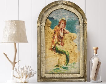 Mermaid Wall Art | 14" x 22" | Victorian Mermaid Wall Decor | Linen Wall Hanging | Coastal Bathroom Decor |
