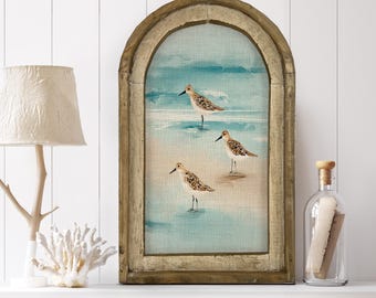 Sandpiper Wall Decor | Coastal Wall Decor | Bathroom Wall Decor | Linen & Wood Wall Hanging | Watercolor Framed Artwork | Florida Decor