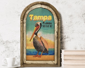 Tampa, Florida Wall Art | Florida Postcard | Coastal Wall Decor | Pelican Wall Art | Beach House | Wood & Linen Wall Art |