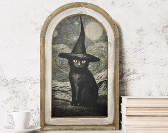 Black Cat Wall Art | Halloween Decor | Spooky Witch Art | Gothic Wall Decor | Eclectic Framed Art | 14" x 22"