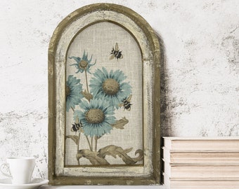 Sunflower Wall Decor | 14" x 22" | Blue & Brown Framed Art Print | Farmhouse Wall Hanging | Eclectic Decor | Floral