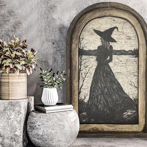 Witch Wall Art | Gothic Cottagecore Wall Decor in Solid Wood Arched Frame | Eclectic Gift | Witchy Wall Decor | Moody Art