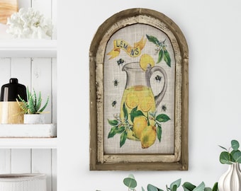 Lemons Wall Art | 14" x 22" | Arch Window Frame | Linen Wall Hanging | Farmhouse Decor |