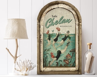 Chelan Lake Wall Art | Washington Travel Poster | Coastal Wall Decor | Lake Wall Art | Handmade Wood & Linen Wall Art |