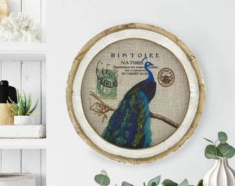 Peacock Wall Art | 20" x 20" | Farmhouse Wall Decor | Linen & Wood Handmade Art | French Farmhouse Decor | Botanicals