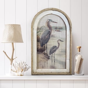 Heron Wall Art | Coastal Wall Decor | Bathroom Wall Decor | Linen & Distressed Wood Wall Hanging | Watercolor Framed Artwork | Florida Decor