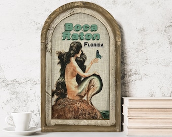 Boca Raton, Florida Wall Art | Florida Postcard | Coastal Wall Decor | Mermaid Wall Art | Beach House | Wood & Linen Wall Art | Butterfly