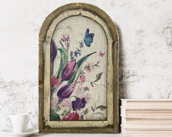 Spring Flowers Wall Decor | Farmhouse Decor | Arch Window Frame | Butterfly Linen Wall Hanging | Pink, Purple, Green