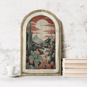 Southwestern Landscape Wall Art | 14" x 22" | Arch Window Frame | Bohemian Wall Hanging | Eclectic Decor | Cactus Decor