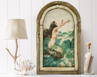 Mermaid Wall Art | 14" x 22" | French Poster Wall Art | Linen Wall Hanging | Coastal Bathroom Decor |