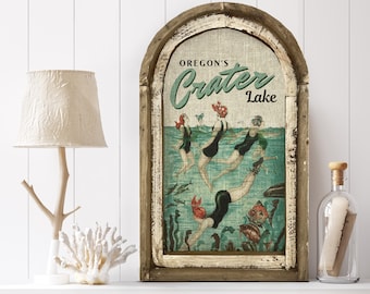 Crater Lake Wall Art | Oregon Travel Poster | Coastal Wall Decor | Lake Wall Art | Handmade Wood & Linen Wall Art |