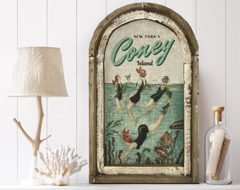 Coney Island Wall Art | New York Travel Poster | Coastal Wall Decor | Beach Wall Art | Handmade Wood & Linen Wall Art |