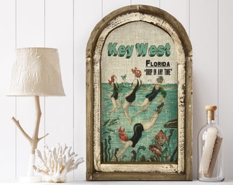 Key West, Florida Wall Art | Florida Postcard | Coastal Wall Decor | Mermaid Wall Art | Beach House | Wood & Linen Wall Art |