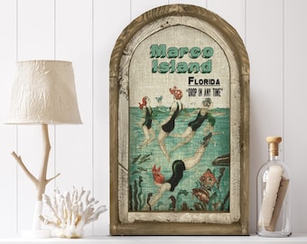 Marco Island, Florida Wall Art | Florida Postcard | Coastal Wall Decor | Mermaid Wall Art | Beach House | Wood & Linen Wall Art |