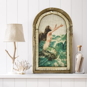 Mermaid Wall Art | 14" x 22" | French Poster Wall Art | Linen Wall Hanging | Coastal Bathroom Decor |