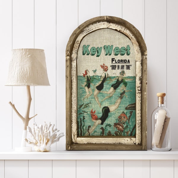 Key West, Florida Wall Art | Florida Postcard | Coastal Wall Decor | Mermaid Wall Art | Beach House | Wood & Linen Wall Art |