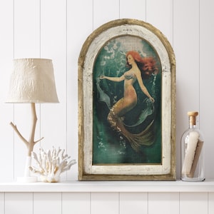 Mermaid Wall Art | Siren Wall Decor | Arch Wooden Frame | Coastal Linen Wall Hanging | Coastal Decor |