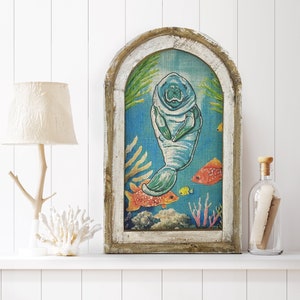 Manatee Wall Art | Coastal Wall Decor | Linen & Distressed Wood Wall Hanging | Watercolor Framed Artwork | Florida Decor