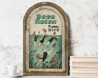 Boca Raton, Florida Wall Art | Florida Postcard | Coastal Wall Decor | Mermaid Wall Art | Beach House | Wood & Linen Wall Art |