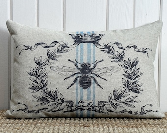 Bee Crest Throw Pillow | Modern Farmhouse Decor | Crest Lumbar Pillow | Striped Grainsack Pillow | 18" W x 12" H |