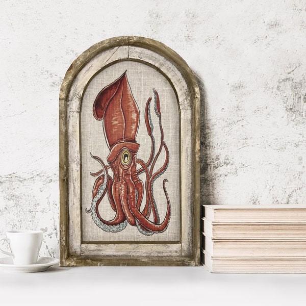 Squid Wall Art | Coastal Wall Decor | Linen & Distressed Wood Wall Hanging | Watercolor Framed Artwork | Florida Decor