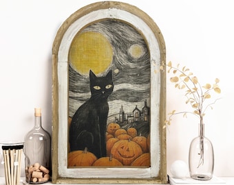 Halloween Cat Wall Decor | Black Cat Decor | Witchy Pumpkin Art | Gothic Wall Decor | Eclectic Framed Art | 14" x 22"