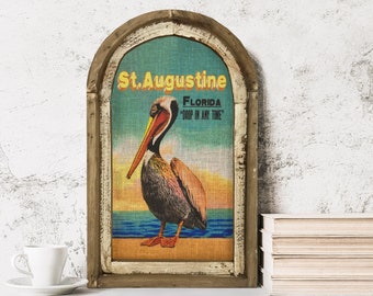 St. Augustine, Florida Wall Art | Florida Postcard | Coastal Wall Decor | Pelican Wall Art | Beach House | Wood & Linen Wall Art |