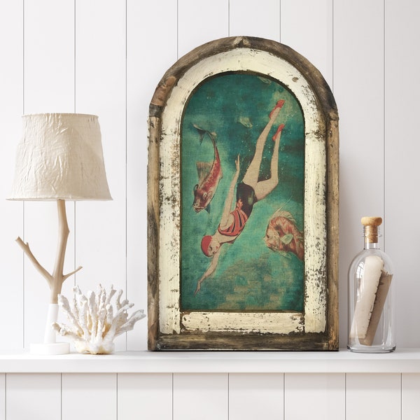 Swimming Wall Art | 14" x 22" | Arch Window Frame | Linen Wall Hanging | Coastal Decor |