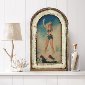 Water Skier Wall Art | 14" x 22" | Arch Window Frame | Linen Wall Hanging | Coastal Decor |