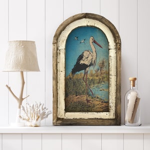 Heron Wall Art | 14" x 22" | Arch Window Frame | Linen Wall Hanging | Coastal Decor |