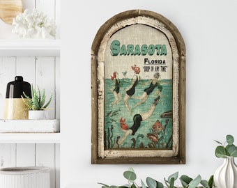 Sarasota, Florida Wall Art | Florida Postcard | Coastal Wall Decor | Mermaid Wall Art | Beach House | Wood & Linen Wall Art |