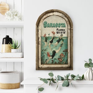 Sarasota, Florida Wall Art | Florida Postcard | Coastal Wall Decor | Mermaid Wall Art | Beach House | Wood & Linen Wall Art |