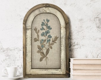 Floral Wall Art | Farmhouse Decor | Arch Window Frame | Linen Wall Hanging | Blue Wild Indigo Flower