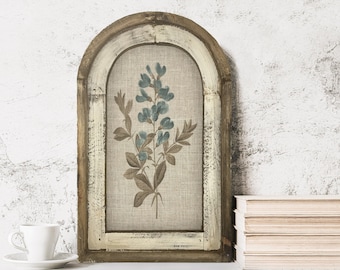 Floral Wall Art | Farmhouse Decor | Arch Window Frame | Linen Wall Hanging | Blue Wild Indigo Flower