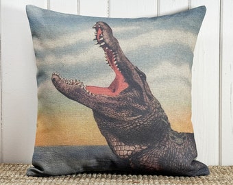 Alligator Throw Pillow | Coastal Decor | Nautical Cushion | Linen & Cotton Blend | Florida Postcard
